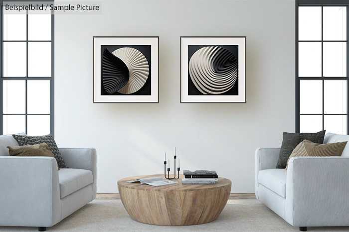 Modern living room with two abstract art pieces above a round wooden table and two sofas.