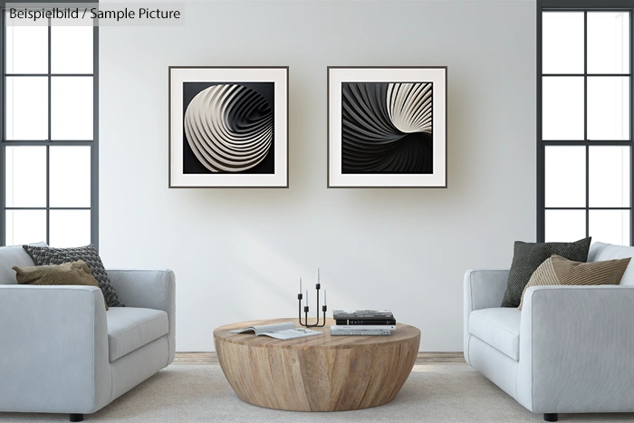 Modern living room with two gray sofas, round wooden coffee table, and framed abstract art on white walls.