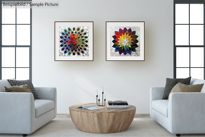 Modern living room with two white sofas, wooden coffee table, and colorful geometric artwork on the wall.