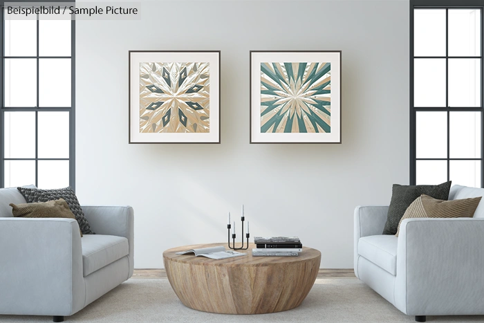 Modern living room with gray sofas, geometric art on walls, and a round wooden coffee table with candles.