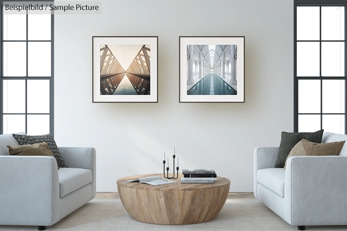 Modern living room with two sofas, round wooden coffee table, and two framed architectural prints on the wall.