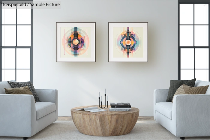 Modern living room with two abstract paintings, light gray sofas, and a round wooden coffee table.