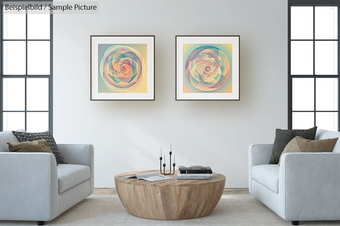 Modern living room with abstract art, two gray sofas, a wooden coffee table, candles, and large windows.