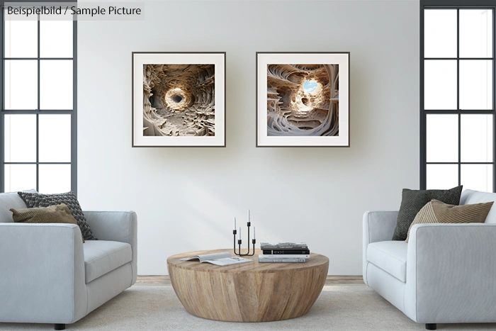 Modern living room with two framed abstract artworks on white wall, grey sofas, and round wooden coffee table.