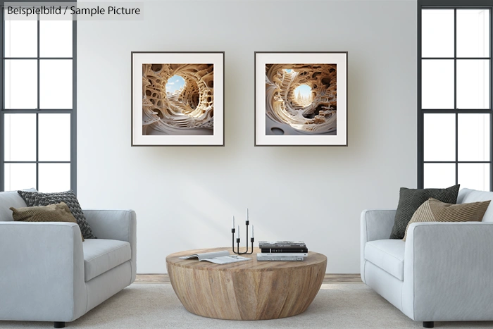 Modern living room with gray sofas, round wooden coffee table, and framed abstract art on the wall.