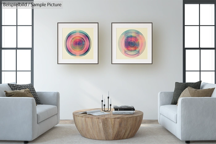 Modern living room with gray sofas, circular wooden table, and colorful abstract art on the wall.