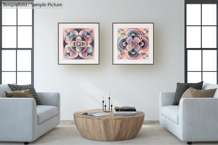 Modern living room with two abstract flower paintings on white wall, two sofas, and a wooden coffee table.