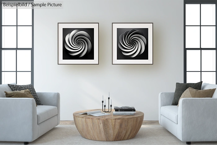 Modern living room with two abstract spiral artworks on wall, light gray sofas, and a round wooden coffee table.