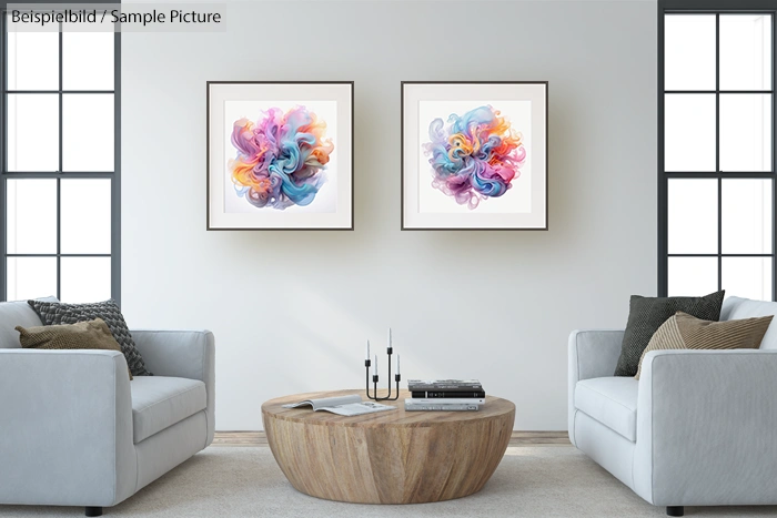 Modern living room with abstract paintings, gray sofas, wood coffee table, and tall windows.