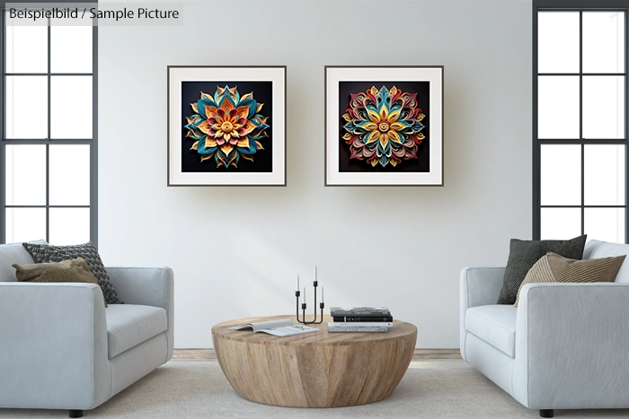 Modern living room with two mandala artworks, white sofas, and round wooden coffee table.