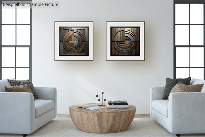 Modern living room with two abstract wood artworks, white sofas, and a round wooden coffee table.