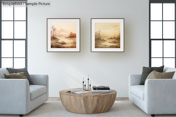 Modern living room with gray sofas, wooden coffee table, and two landscape paintings on a white wall.