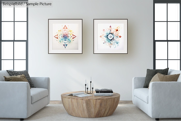 Modern living room with two abstract paintings, gray sofas, and round wooden coffee table.