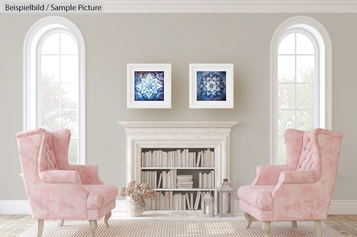 Elegant living room with pink chairs, white fireplace, and framed blue abstract art on light gray walls.