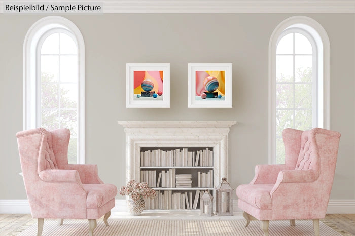 Elegant living room with pink armchairs, white fireplace, and modern art on walls.