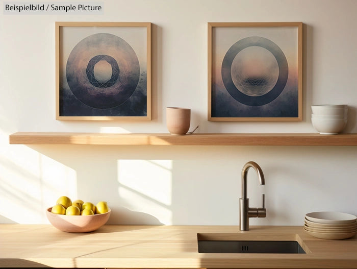 Minimalist kitchen with wooden shelves, abstract paintings, bowl of lemons, ceramic mugs, and a modern faucet.