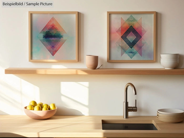 Minimalist kitchen with wooden shelves, geometric art on walls, ceramic bowls, lemons, and modern faucet.