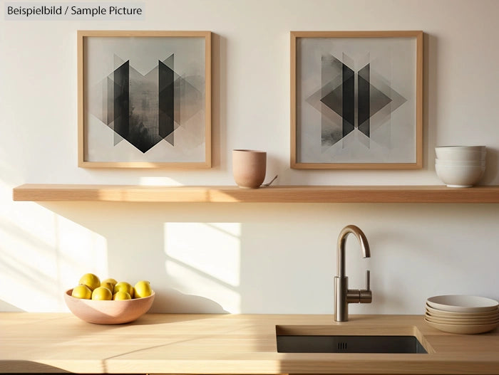 Minimalist kitchen with wood shelves, geometric art, fruit bowl, and pottery on counter.