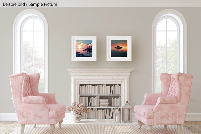 Elegant living room with pink armchairs, a white bookshelf, and framed artworks on pastel walls.