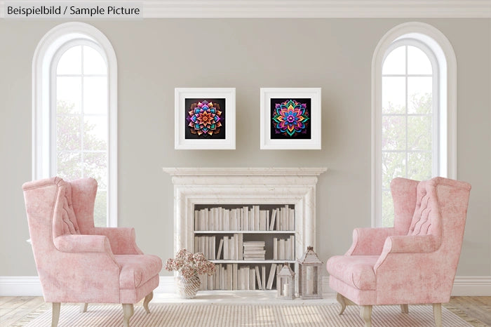 Elegant living room with pink armchairs, a white mantelpiece, and colorful geometric art on the wall.