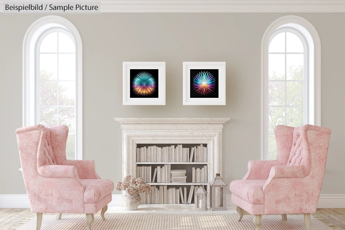 Elegant living room with pink armchairs, two colorful abstract artworks above a white fireplace, and arched windows.