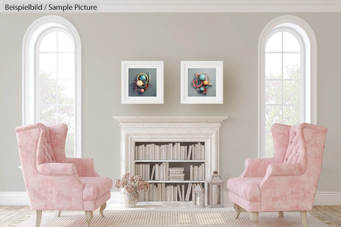 Elegant living room with pink chairs, white fireplace, bookshelves, and modern framed artworks on a light gray wall.