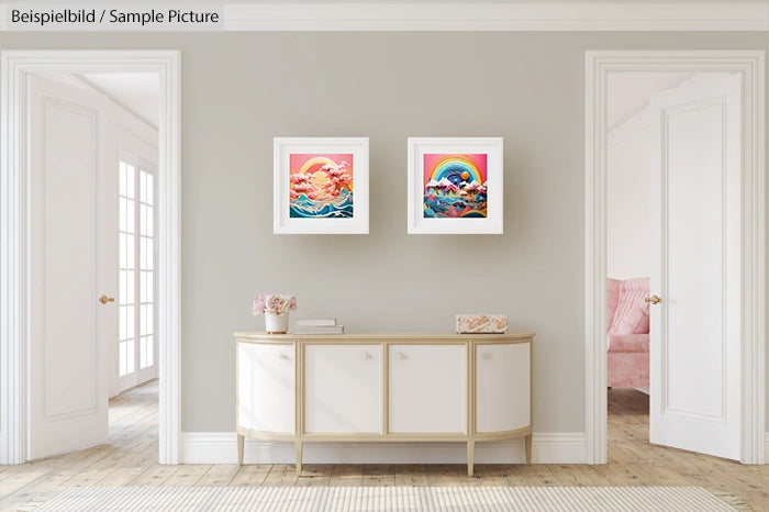 Modern living room with light-colored sideboard and framed abstract art of nature themes on the wall.