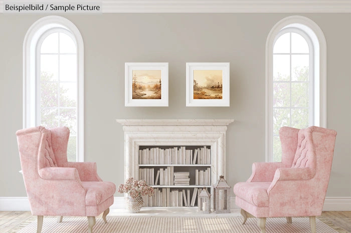 Elegant living room with two pink armchairs, framed art, white fireplace, and tall arched windows.