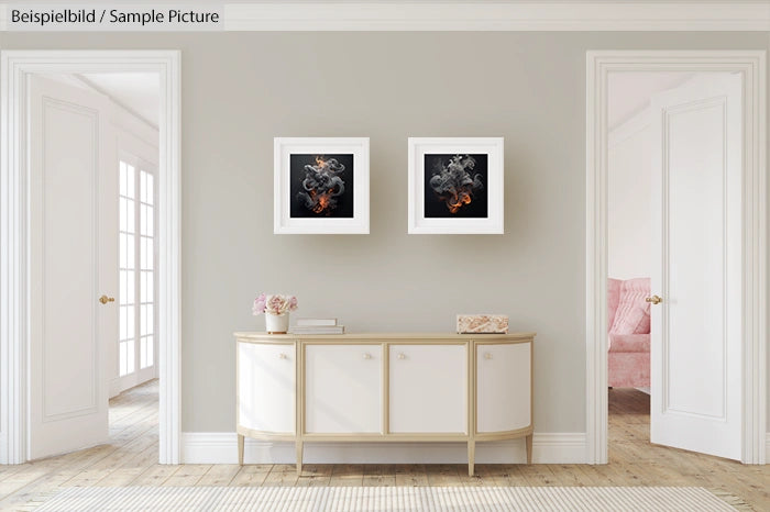 Modern living room with two abstract art pieces above a white sideboard, wooden flooring, and open doorways.