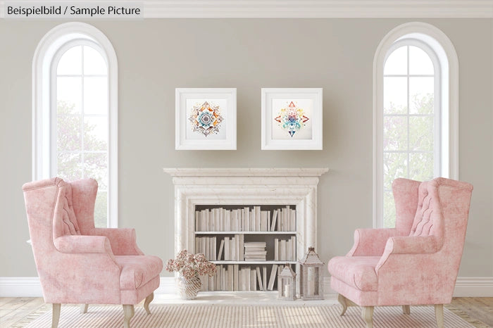 Elegant living room with pink armchairs, a white fireplace, and geometric artworks on a gray wall.