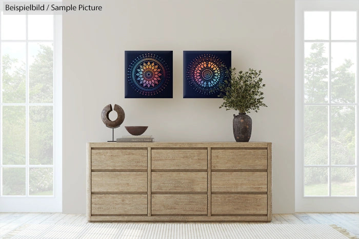 Minimalist room with wooden dresser, two mandala artworks, and potted plant, flanked by large windows.