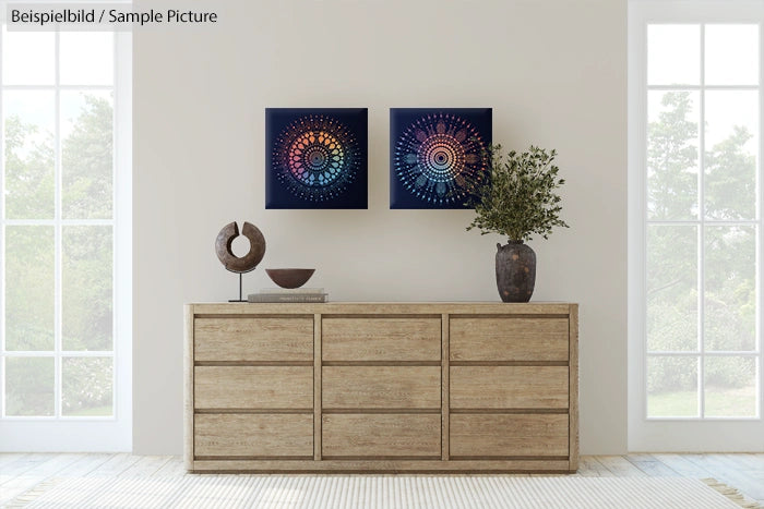 Minimalist living room with two mandala artworks, a wooden sideboard, and decorative items, against a light wall.