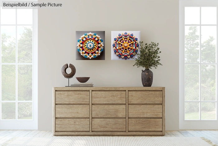 Minimalist room with wooden dresser, decorative orbs, plant, and abstract art on walls near large windows.