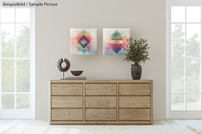 Minimalist room with geometric art above a wooden sideboard, flanked by large windows and decorated with plants and sculptures.