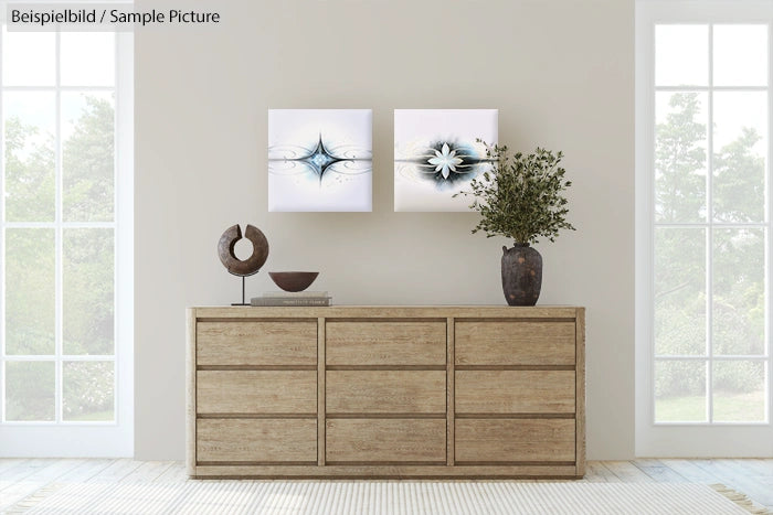 Minimalist room with wooden dresser, abstract wall art, vase with plant, decorative sculpture, and large windows.