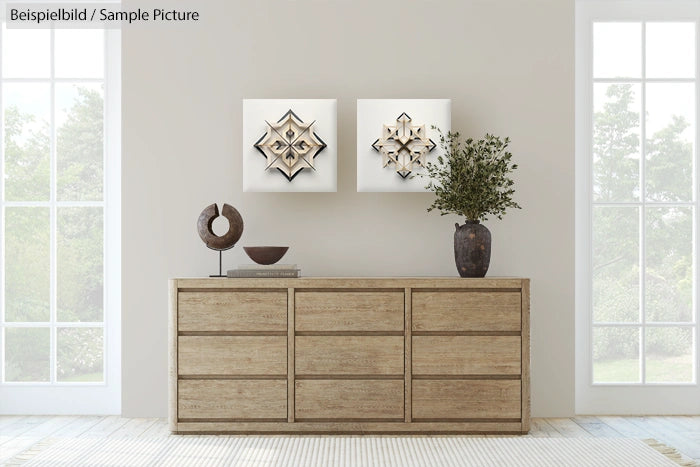 Modern living room interior with wooden dresser, geometric art on wall, and decorative vases. Large windows in background.