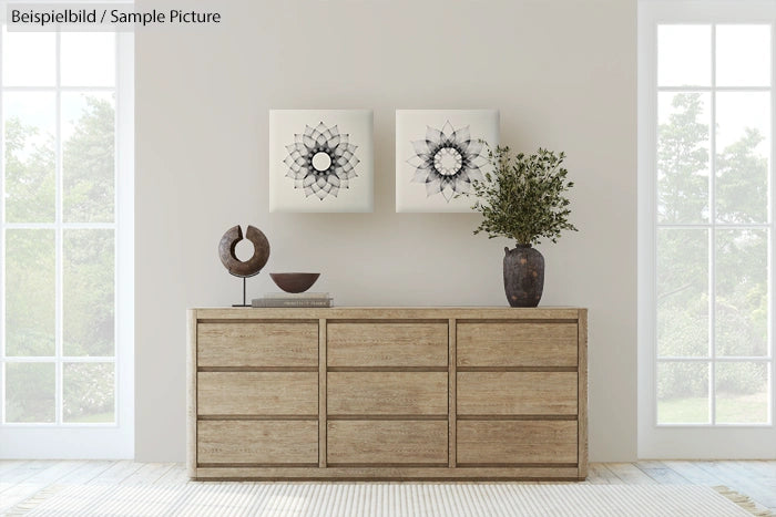 Minimalist interior with wooden sideboard, decorative sculptures, vase with greenery, and geometric artwork on the wall.