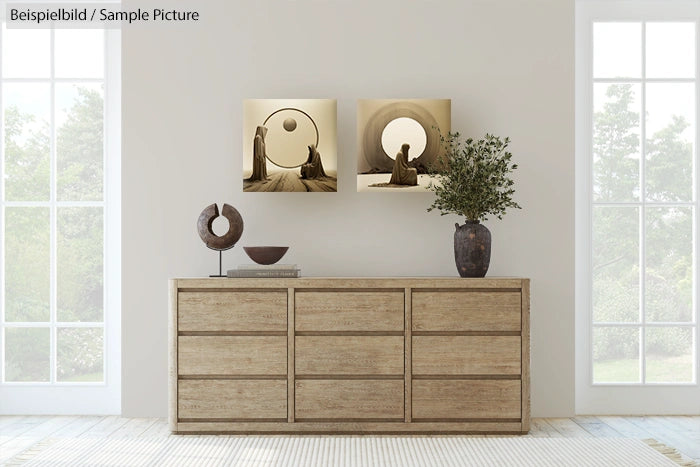 Minimalist room with a wooden sideboard, abstract art on the wall, and decorative vases near large windows.