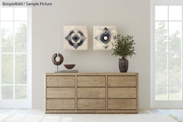 Minimalist living room with wooden sideboard, abstract art, and potted plant in natural light.