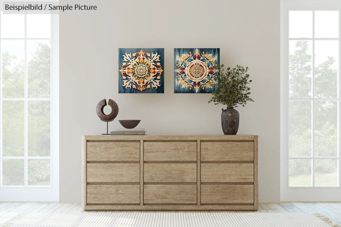 Minimalist room with wooden dresser, abstract art, and a potted plant. Two wall artworks feature intricate mandala designs.