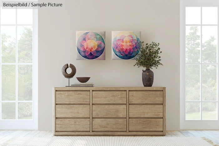 Minimalist room with wooden dresser, geometric artworks, sculpture, and a potted plant; large windows in background.