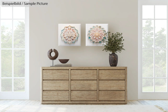 Minimalist living room with wooden dresser, decorative vase, sculpture, and two floral art pieces on the wall.