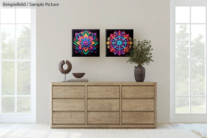 Modern room with wooden dresser, two colorful mandala artworks, and decorative items against a windowed wall.