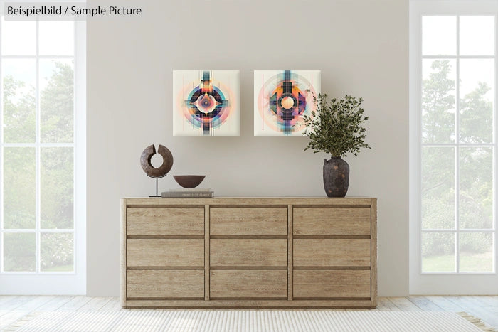 Modern living room with abstract art above a wooden dresser, decorative vase, and sphere sculpture.