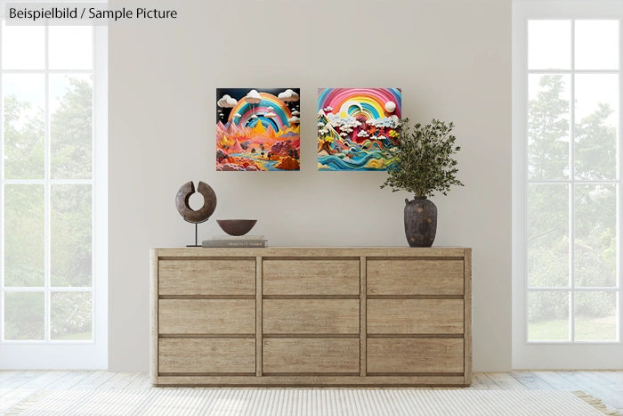 Minimalist living room with wooden dresser, two colorful paintings, sculpture, and potted plant.