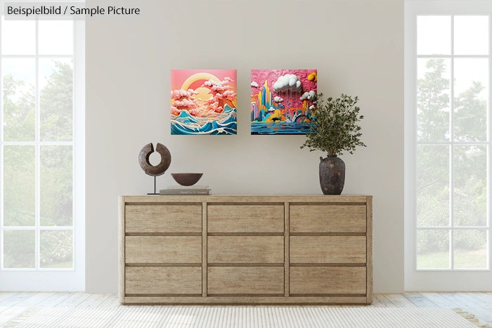 Modern art on white wall above wooden sideboard in bright room with large windows and potted plant.