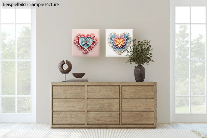 Wooden dresser with decorative sculptures and heart-themed art pieces on a wall, set between large windows.