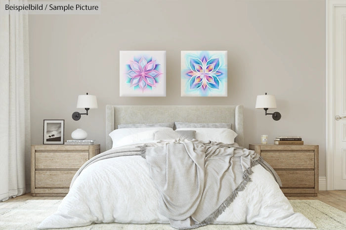 Modern bedroom with a beige upholstered bed, floral wall art, and wooden nightstands with lamps.