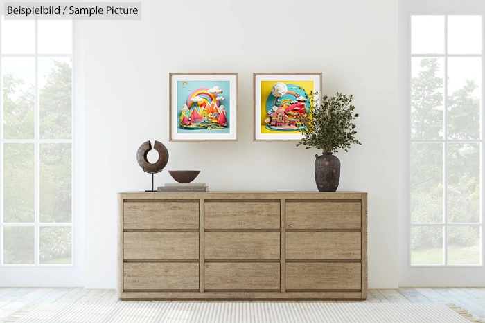 Modern living room with wooden sideboard, two colorful framed artworks, and decorative plant and sculpture.