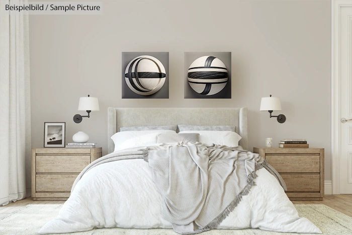 Modern bedroom with neutral decor, two abstract art pieces, gray bedding, wooden nightstands, and wall-mounted lamps.